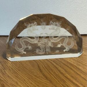 Twin Chinese Dragon Laser Engraved Crystal Paperweight Clear Home Decor